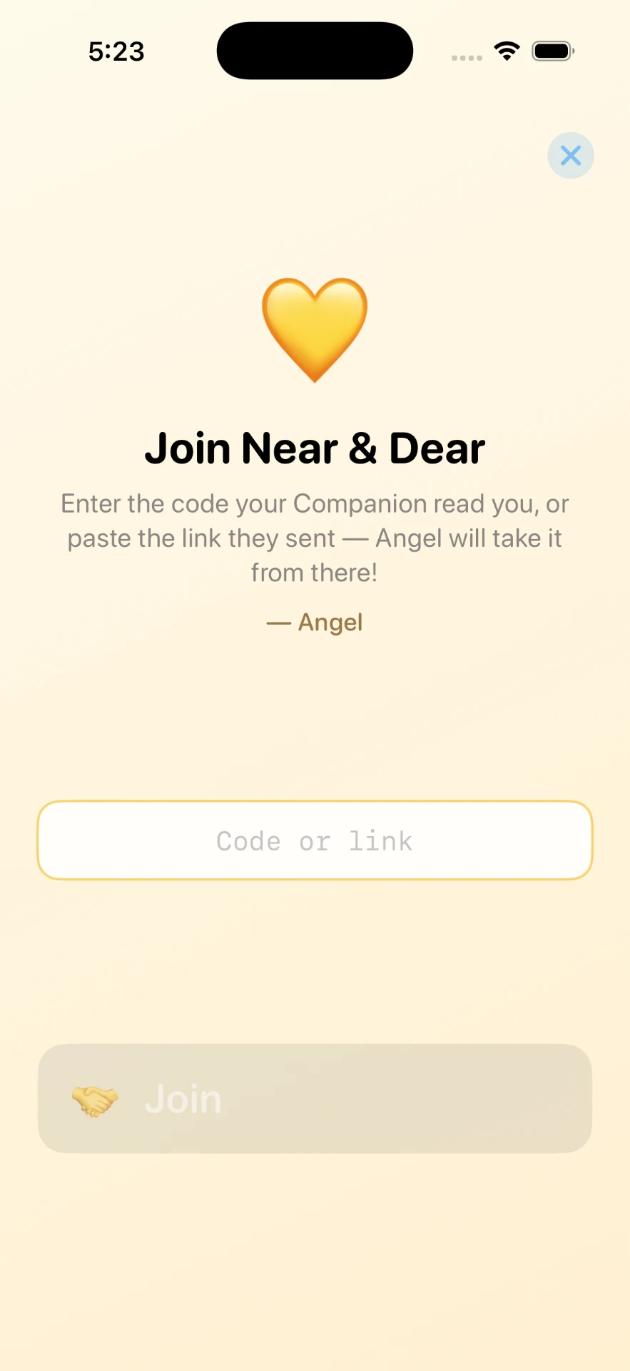Join Near & Dear screen with a field for the invitation code or link