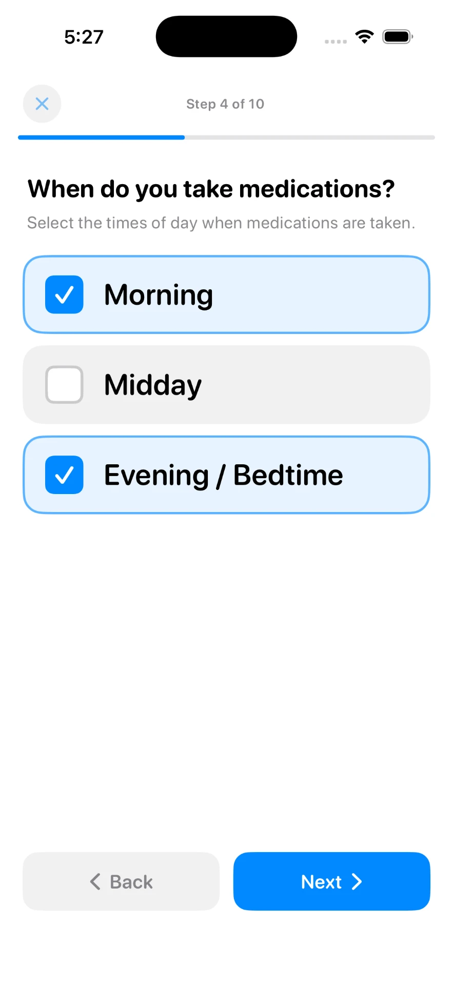 Setup step asking when medications are taken, with morning, midday and evening options