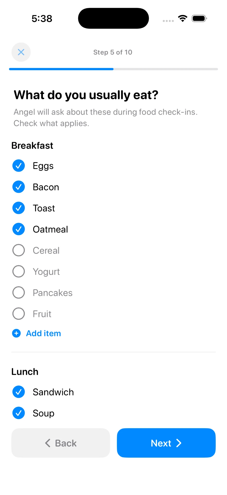 Setup step listing usual breakfast and lunch foods with checkboxes