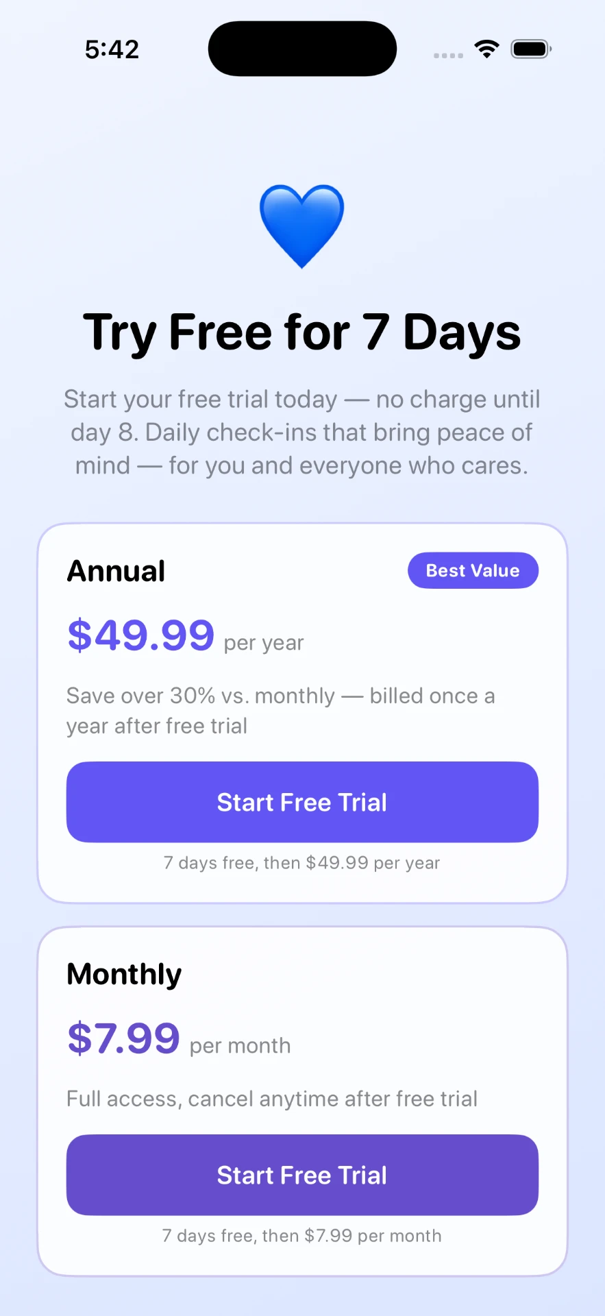 Near & Dear subscription screen showing a 7-day free trial with annual and monthly plans