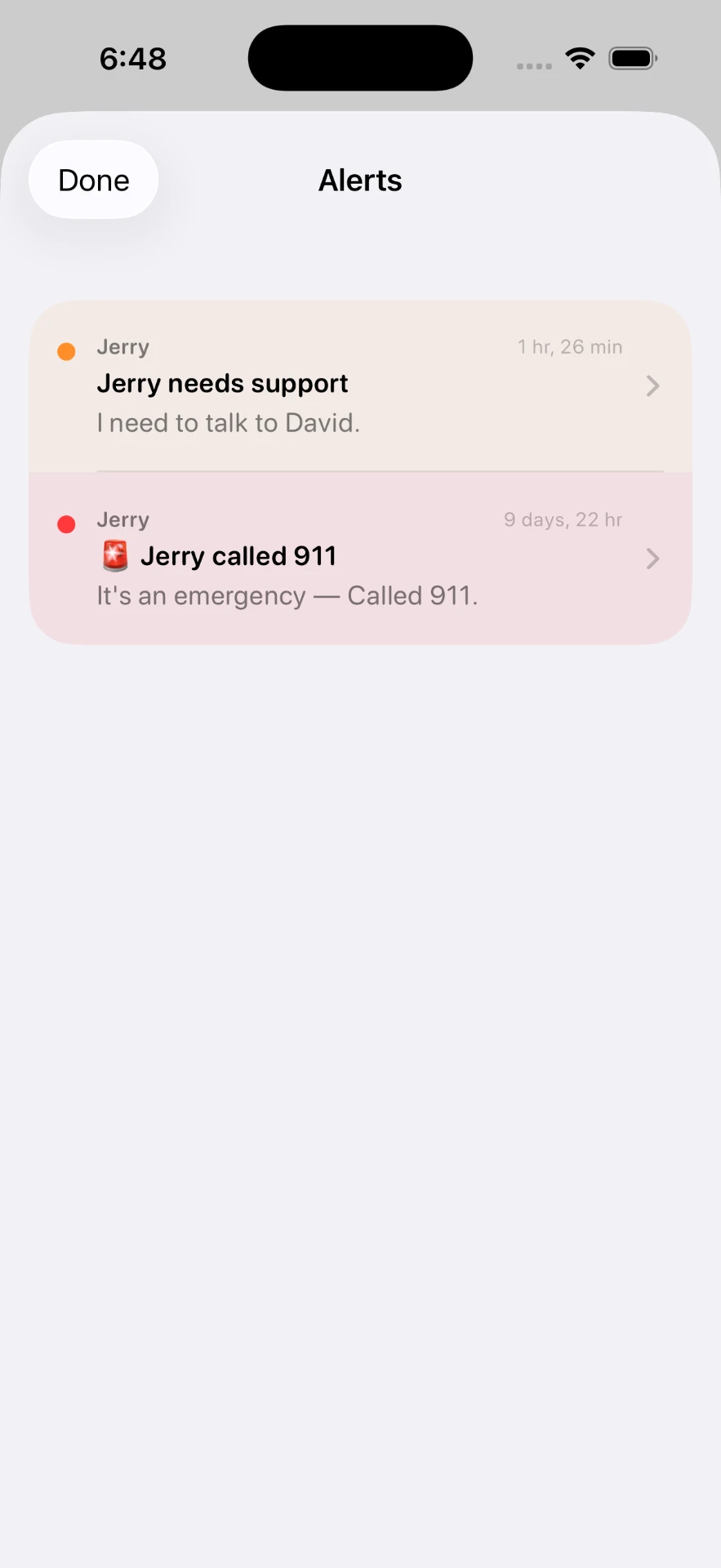 Companion alerts list showing a concerning alert and an urgent emergency alert