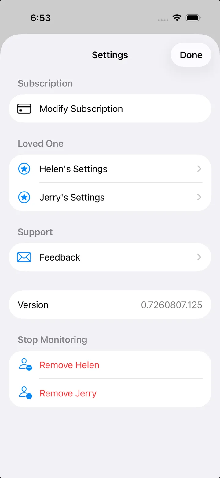 Companion settings screen with Modify Subscription, loved one settings, and Stop Monitoring options