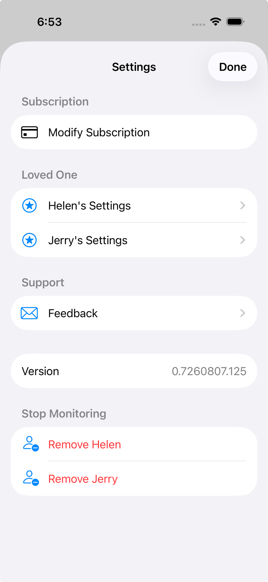 Companion settings screen with Modify Subscription, loved one settings, and Stop Monitoring options