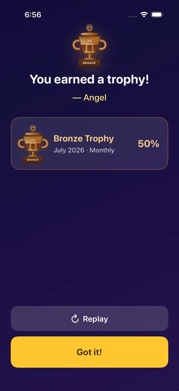 You earned a trophy screen showing a bronze monthly trophy from Angel