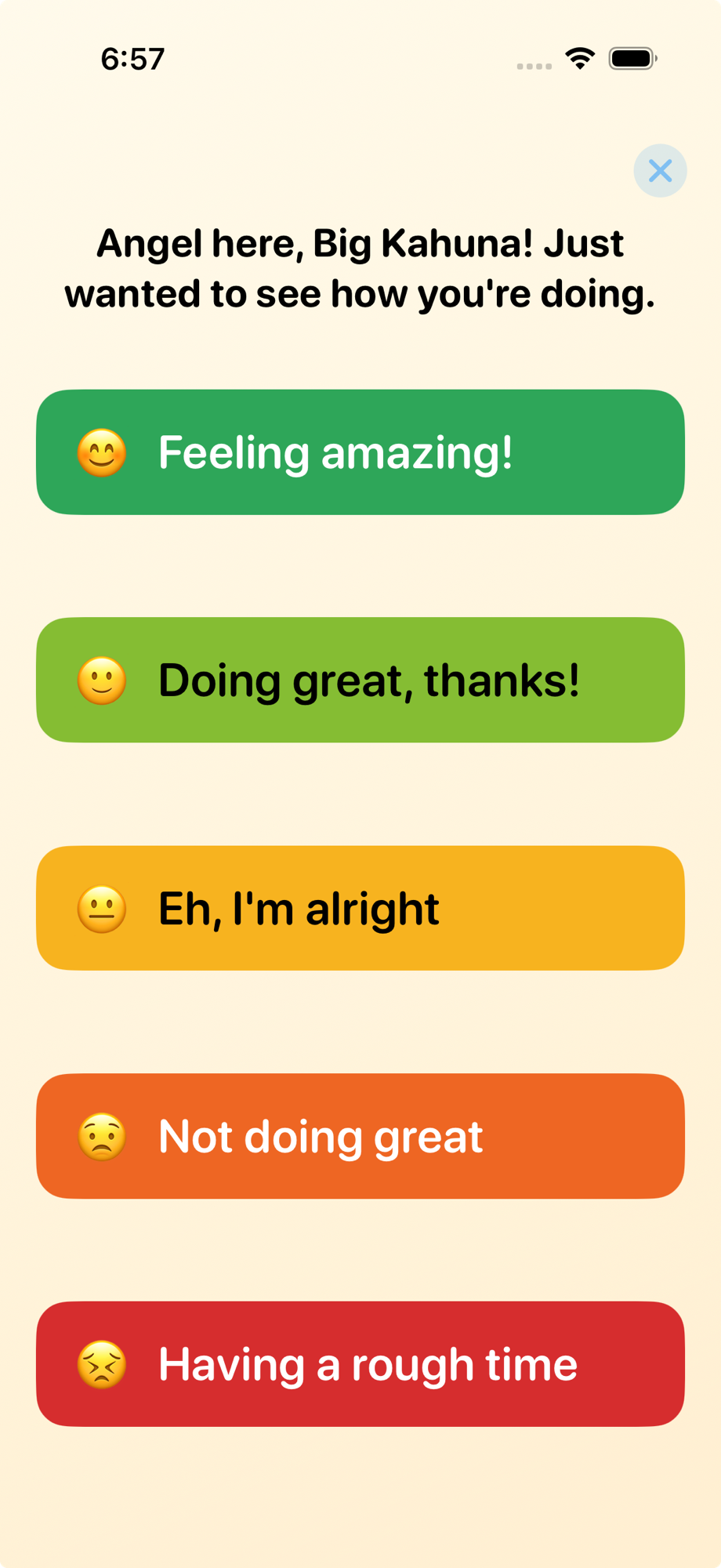 Mood check-in with five colored buttons from Feeling amazing to Having a rough time