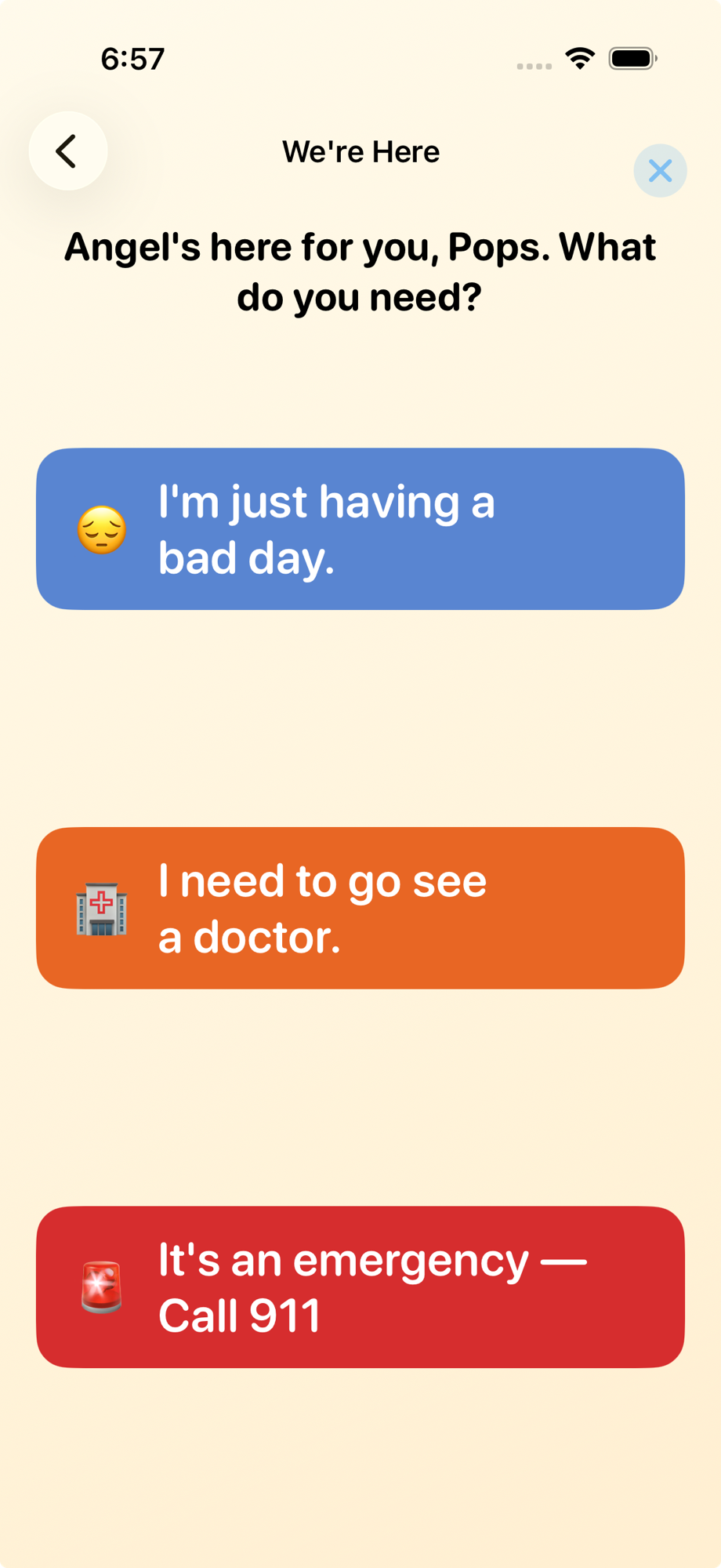 Follow-up screen offering bad day, see a doctor, or call 911 options