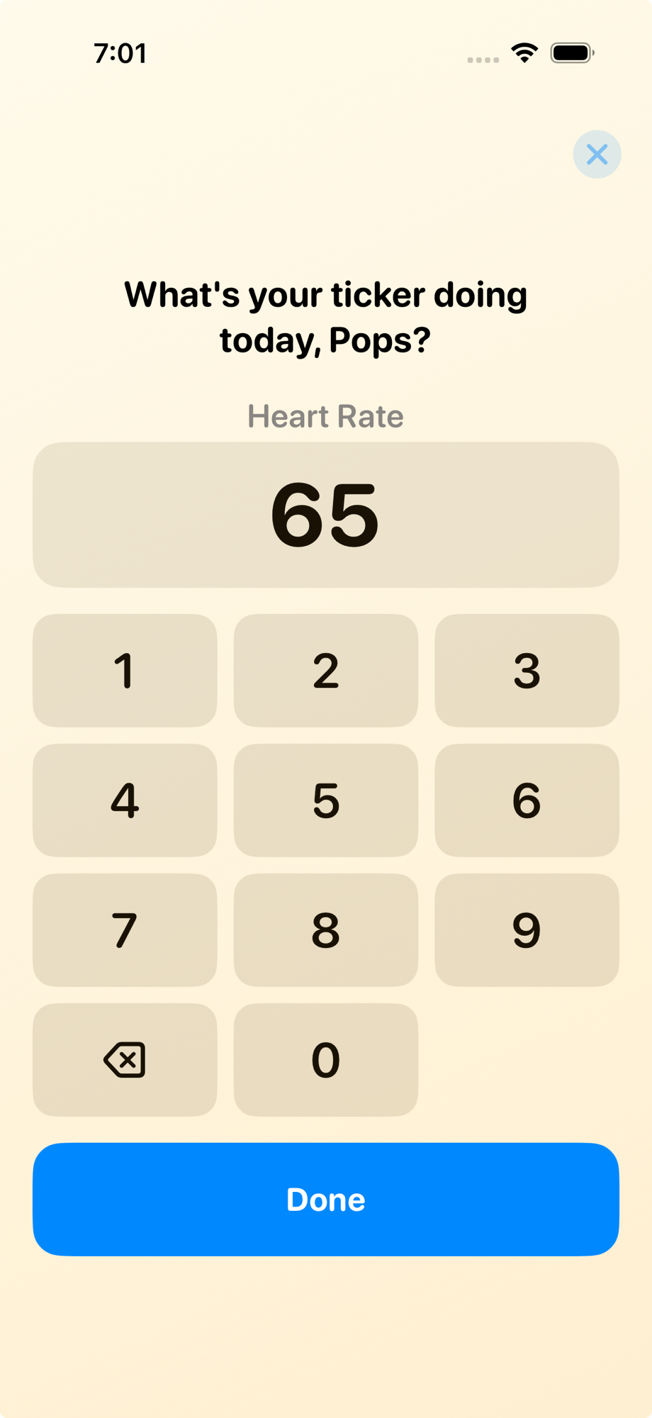 Heart rate check-in with a large keypad showing a reading of 65