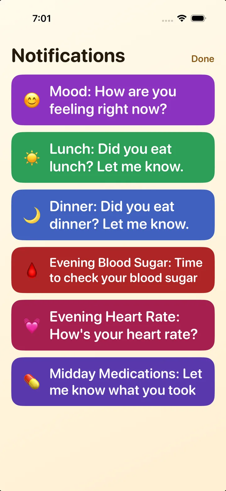 Notifications list showing pending mood, lunch, dinner, blood sugar, heart rate and medication check-ins