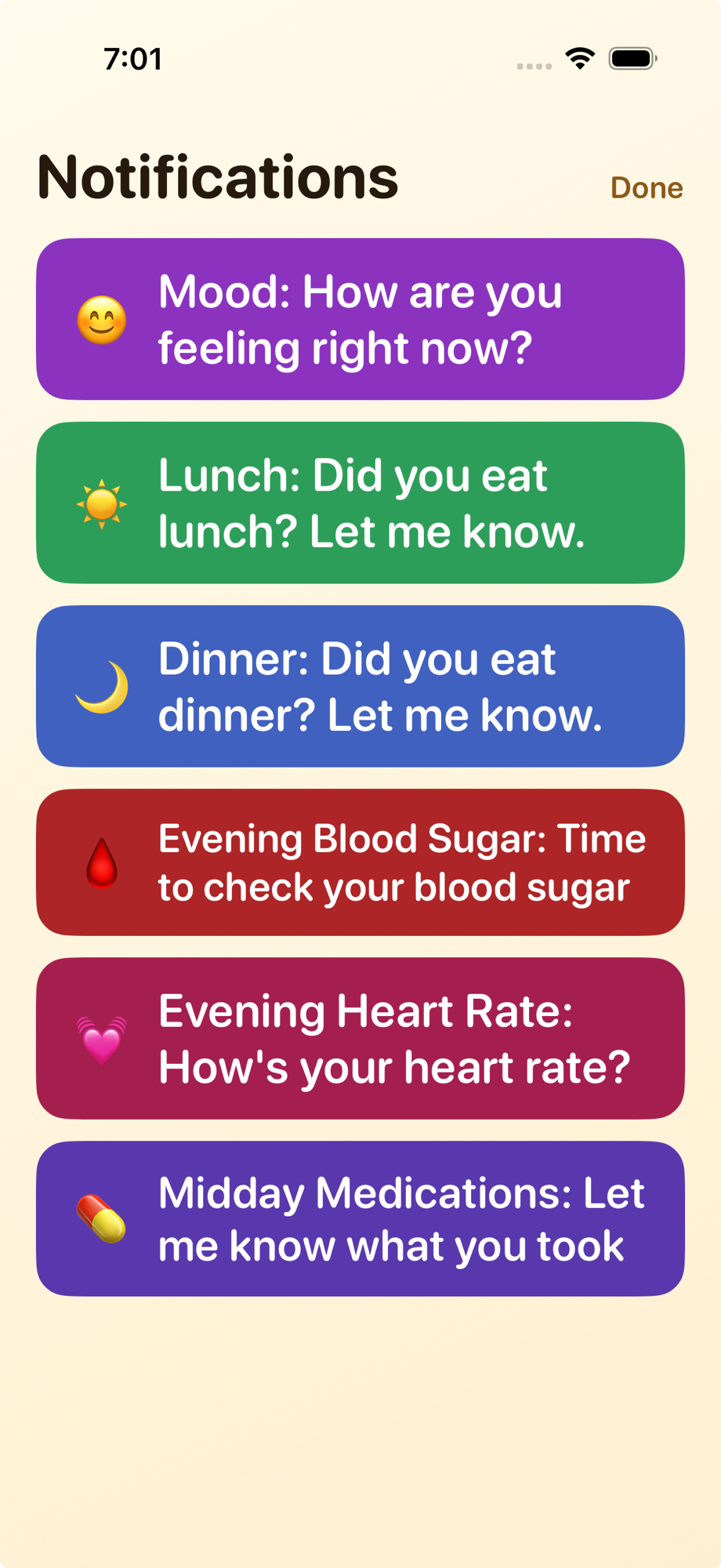 Notifications list showing pending mood, lunch, dinner, blood sugar, heart rate and medication check-ins