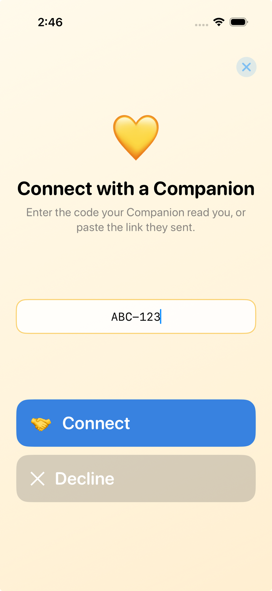 Connect with a Companion screen with a field for the invitation code and Connect or Decline buttons