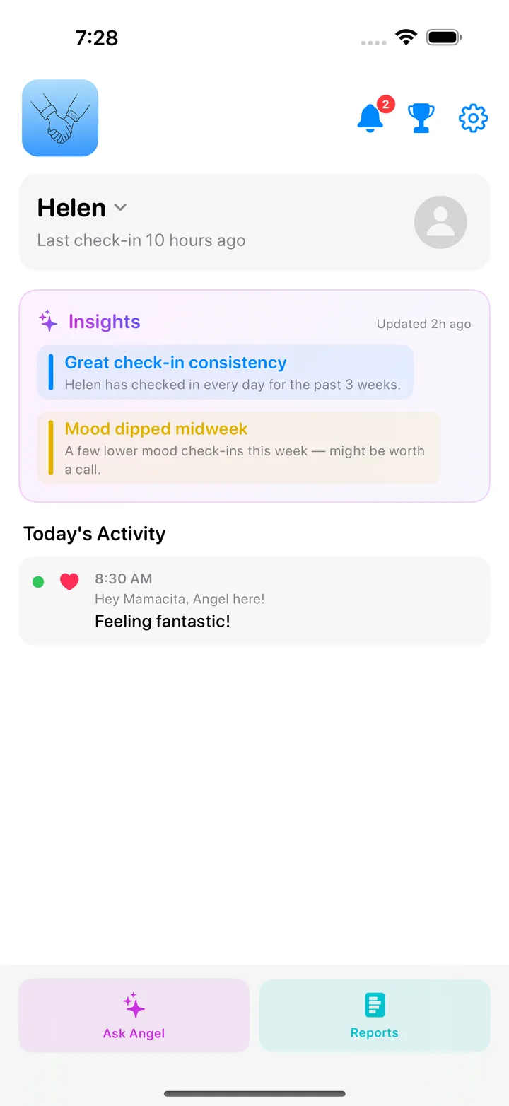 Companion home screen showing the loved one's last check-in, Insights, and today's activity