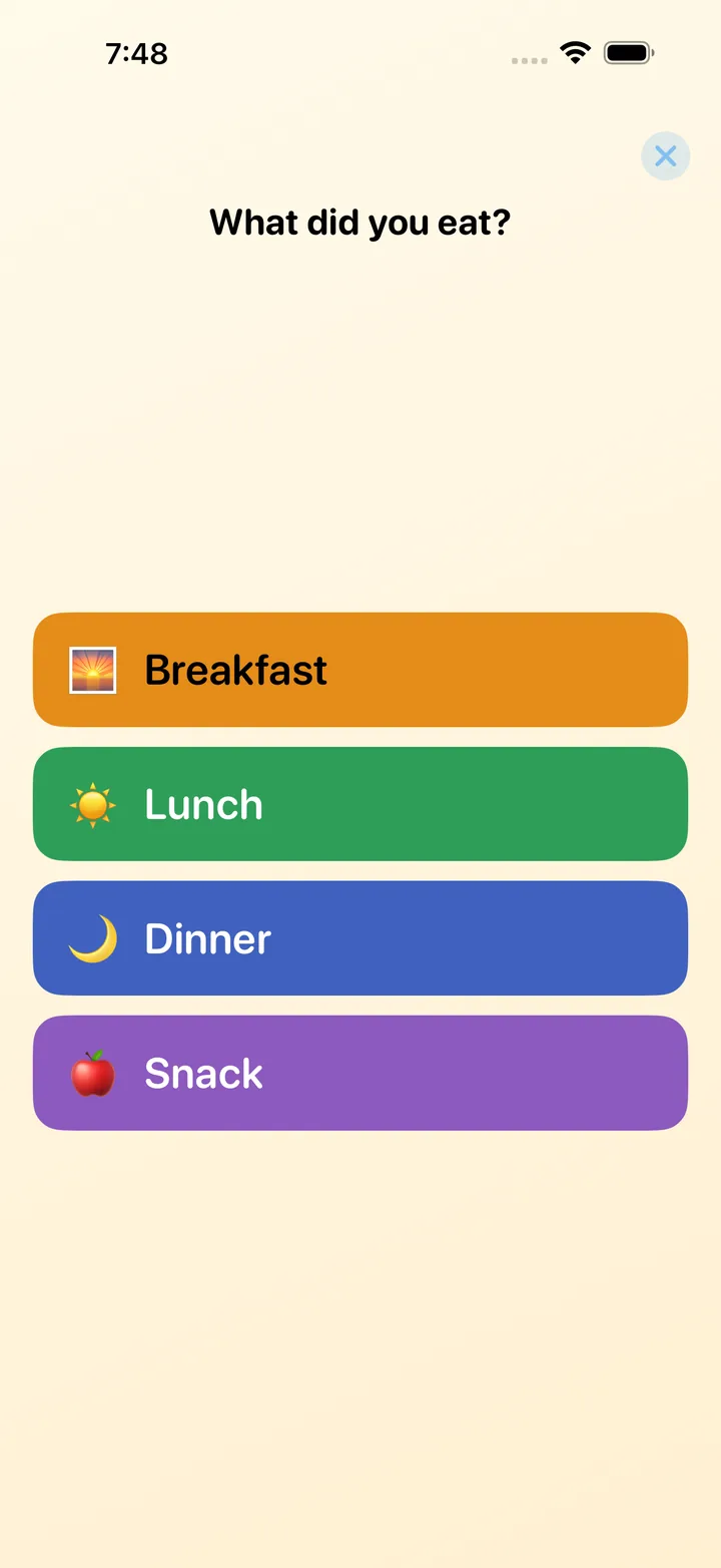 What did you eat? screen with Breakfast, Lunch, Dinner and Snack buttons