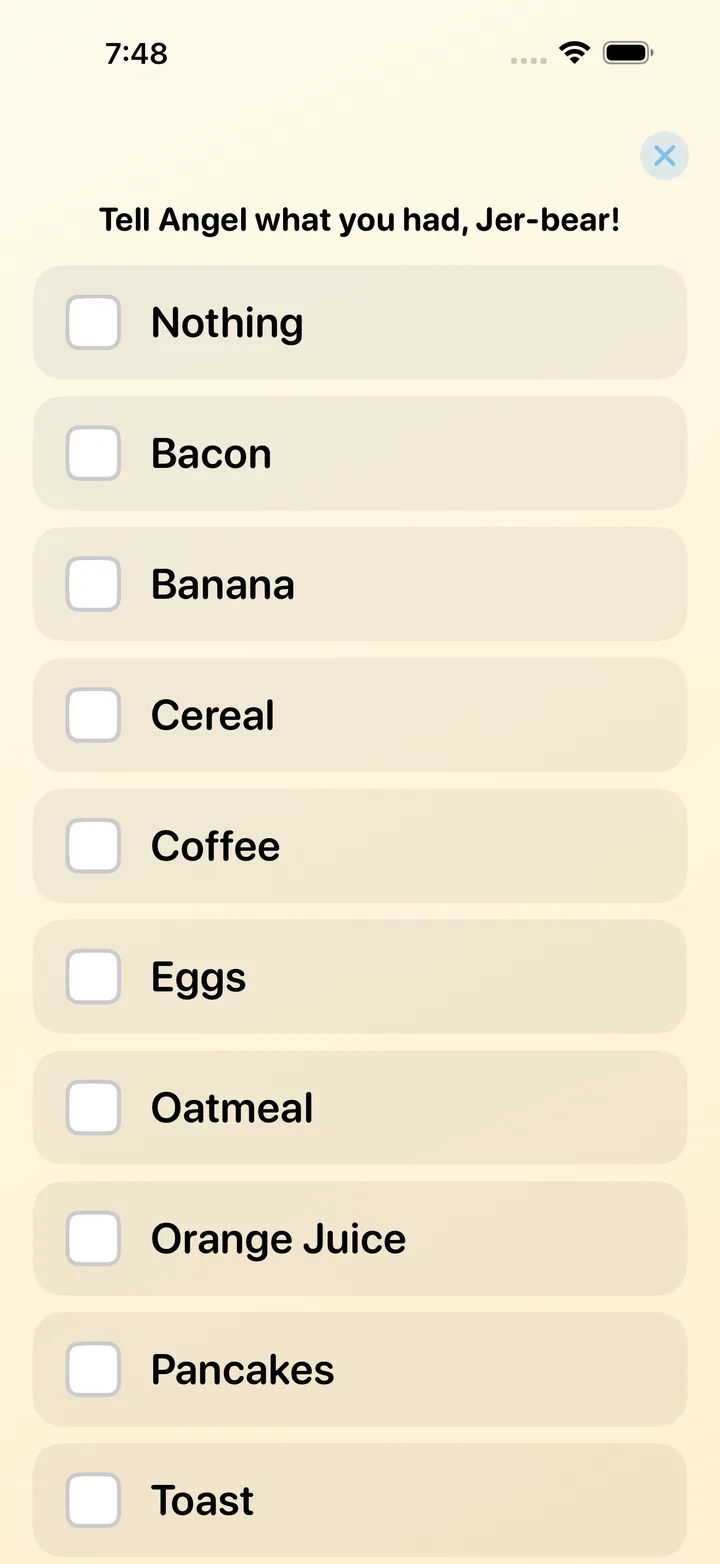 Food list with checkboxes for usual breakfast foods such as bacon, banana, cereal and coffee