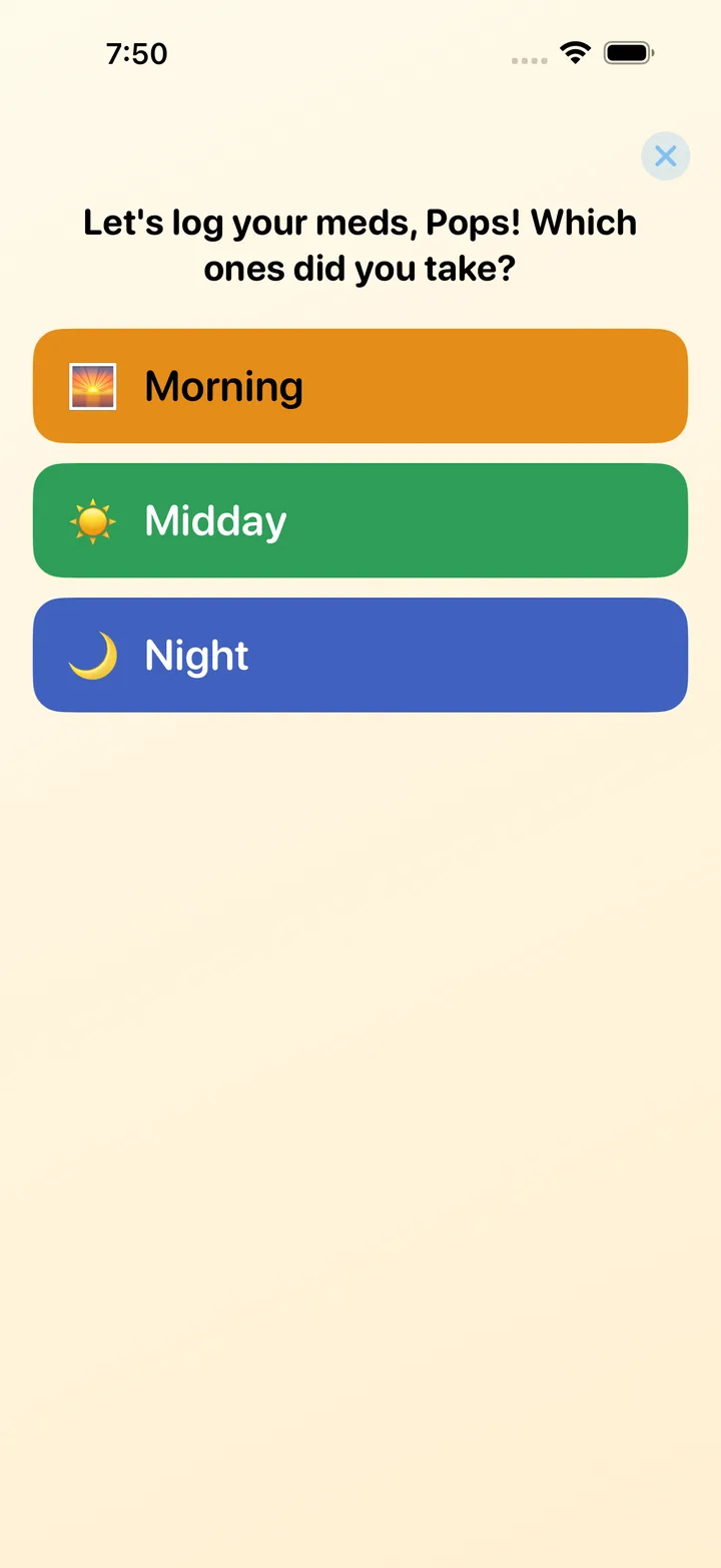 Medication check-in asking which time of day to log, with Morning, Midday and Night buttons