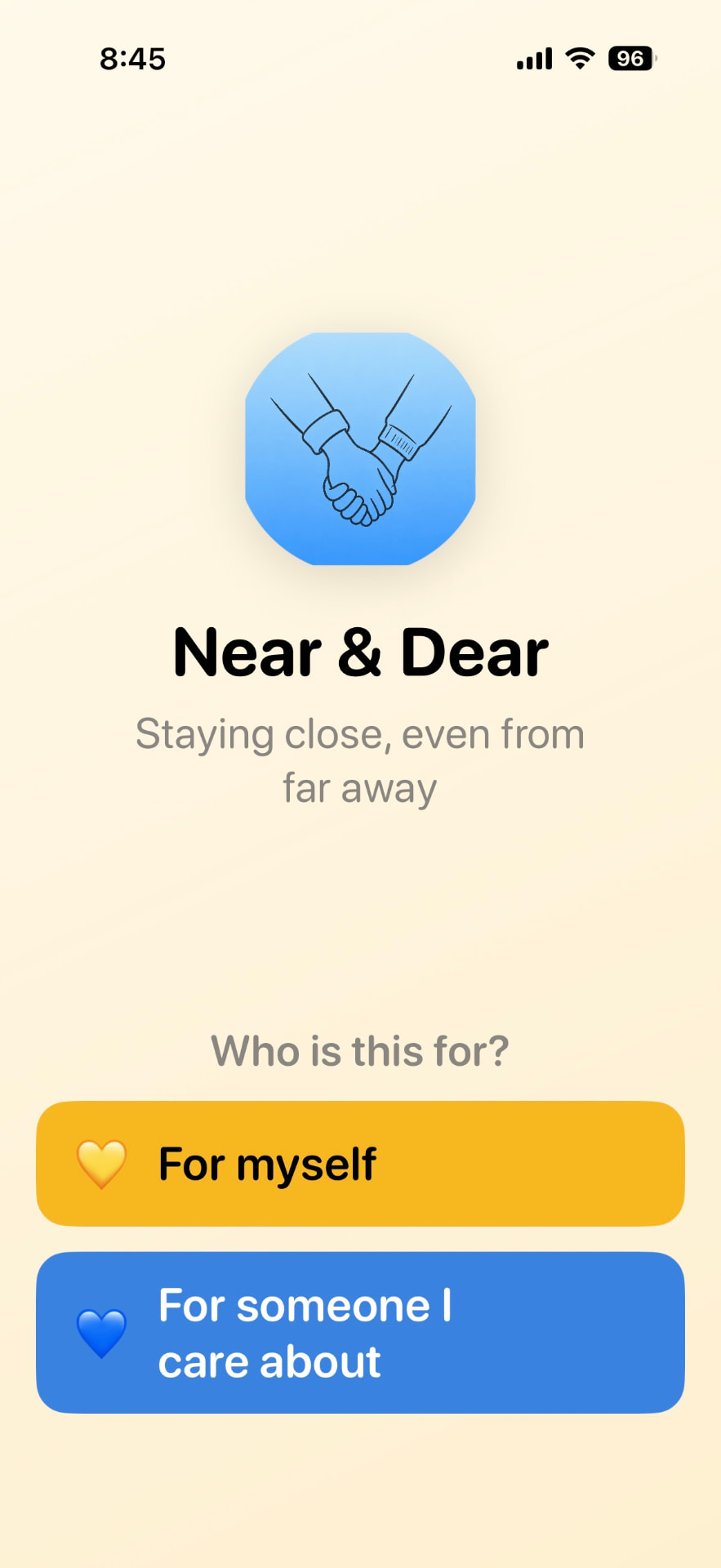 Near & Dear onboarding screen asking who the app is for, with options for myself or for someone I care about.