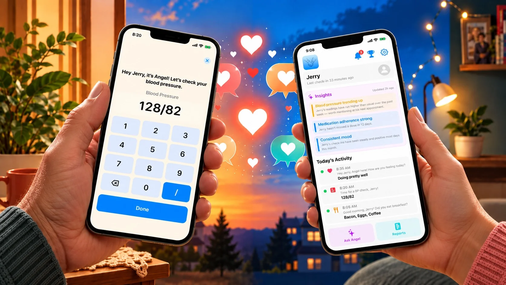 Two hands holding iPhones: Jerry enters a 128/82 blood pressure reading, and his family sees it on their Near & Dear dashboard